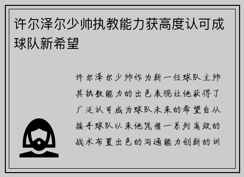 许尔泽尔少帅执教能力获高度认可成球队新希望 许尔泽尔少帅执教能力获高度认可成球队新希望
